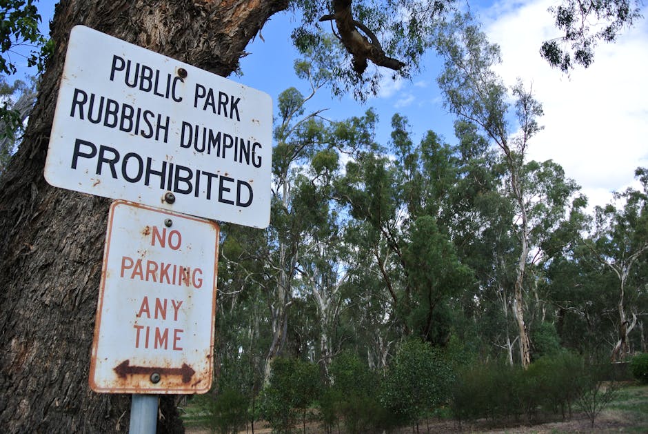 A two-tiered metal sign is mounted on a tree trunk in an outdoor park setting with numerous eucalyptus trees and a partly cloudy sky in the background. The upper sign has a white background with bold 
